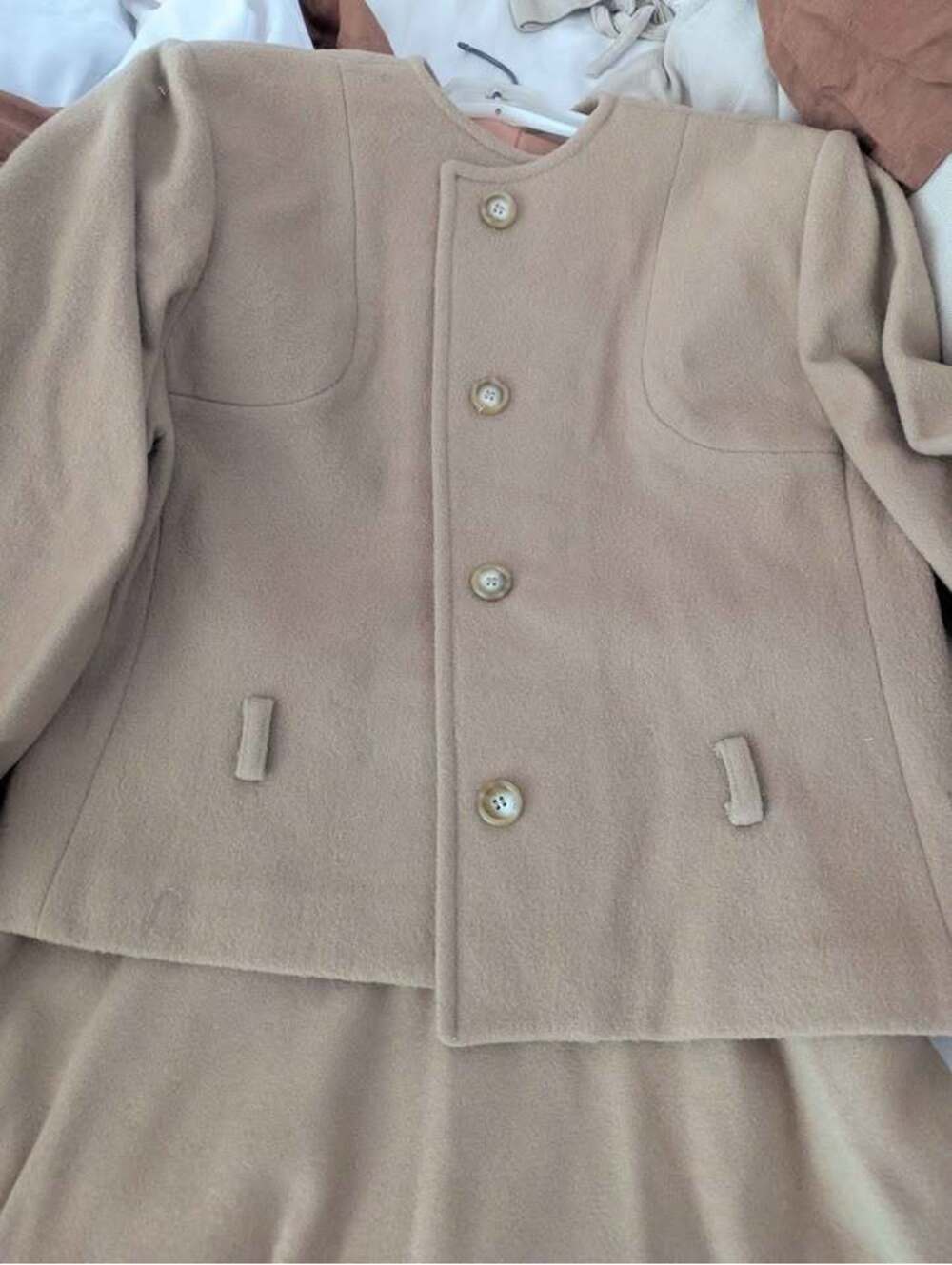 VINTAGE 1970s 2 piece wool camel suit skirt jacket